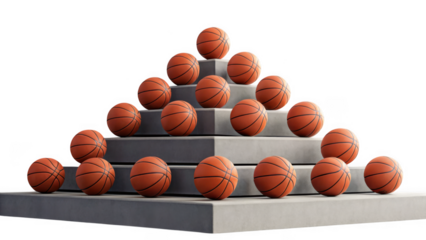 Pyramid arrangement of basketballs on white steps isolated on transparent background