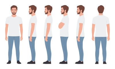 Obraz premium Modern man vector set showing front, side, and back views with casual clothing, useful for animation, character design, and education.
