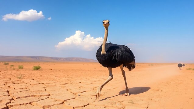 An ostrich walking in a desert landscape under a clear blue sky with scattered clouds and distant mountains