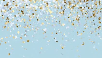 Light blue backdrop with falling gold and white confetti