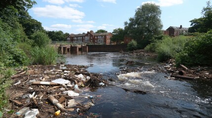 Polluted river with trash,  buildings in background