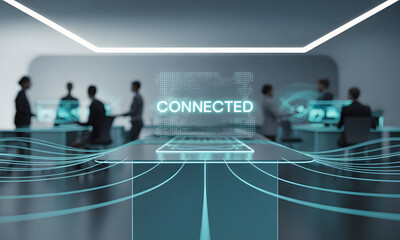Connected Business Meeting in Futuristic Office with Digital Network Interface