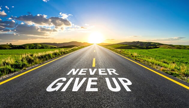 Scenic road at sunset with motivational text