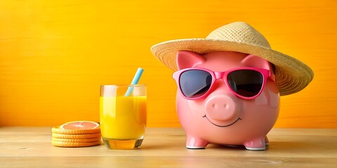 Pink piggy bank wearing sunglasses and hat with orange juice and cookies