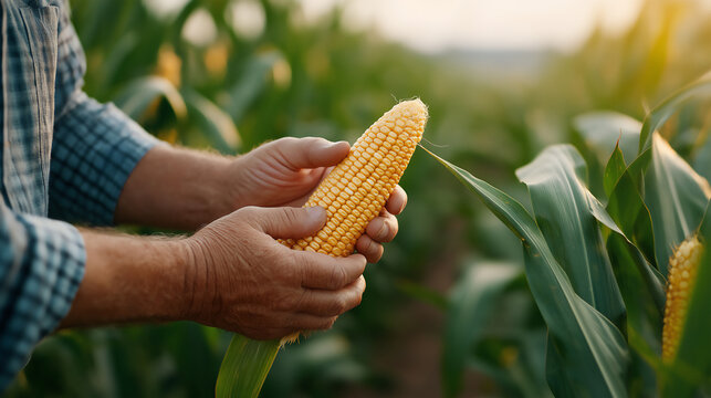 Lush cornfield with tall green stalks and ripe corn cobs.