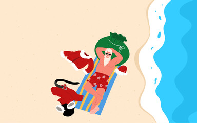 Santa Claus relaxes on a tropical beach in red shorts and sunglasses, his suit tossed aside. A fun summer holiday scene showing Santa enjoying a break from or before Christmas duties.