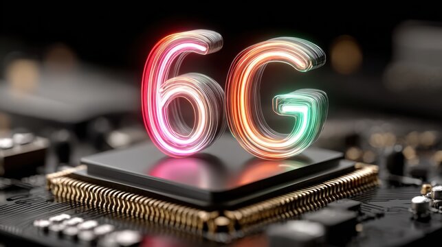 Illuminating 6G Technology: A close-up image of a futuristic circuit board showcases the gleaming 6G emblem, a testament to the forefront of modern wireless technology. 