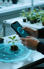 close up of farmer's hand using smartphone to analyze new shoot growth with hologram table plan appearing on screen which displays information about shoot growth in greenhouse