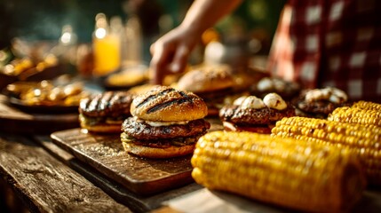 Grilled burgers and corn served at an outdoor summer barbecue gathering with fresh ingredients and flavorful toppings
