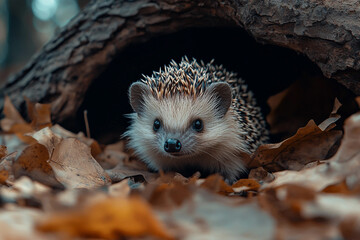 Generative AI image of a cute hedgehog waking up in forest leaf nest after hibernation in early spring sunlight