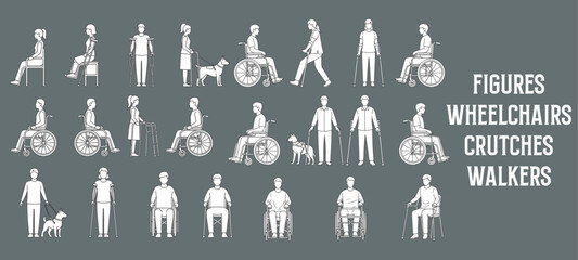 Minimal Outline Vector Illustrations of People Using Wheelchairs, Crutches, Walkers, and Service Animals – Accessibility and Mobility Aids for Healthcare and Architectural Design