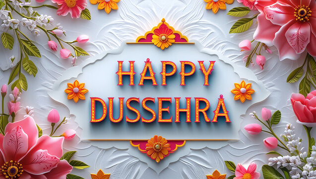 Happy dussehra greeting card design with decorative floral ornaments, traditional symbols, and a celebratory message on a white textured background for the hindu festival
