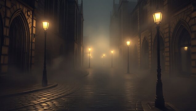 A foggy cobblestone street at night illuminated by old fashioned street lamps creating an eerie scene