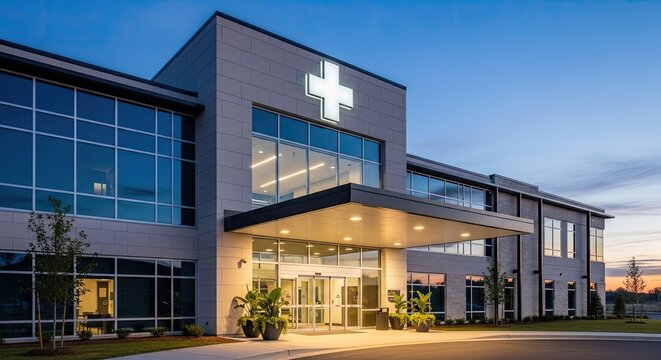 A Glowing Medical Cross Sign on a Modern Clinic's Wall at Dusk