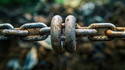 Close-up of a rusty metal chain with circular links, symbolizing strength, connection, or constraint in an industrial setting.