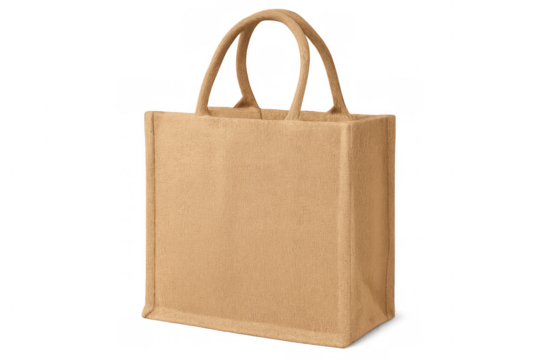 Eco-friendly reusable shopping bag made from brown jute material, isolated on transparent background, promoting sustainable practices
