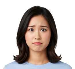 Fototapeta premium Portrait of a young Asian woman with a worried and anxious facial expression. She looks scared and confused, isolated on a white studio background.