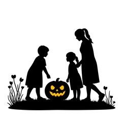 Silhouette of mother with children and pumpkin, creating a spooky Halloween display. Silhouette features family of three and carved pumpkin surrounded by plants, celebrating festive fall holiday.