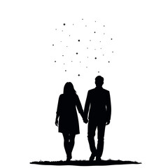 Silhouette image presents a romantic couple holding hands under starry night. This silhouette features man and woman strolling together, symbolizing love and connection. Silhouette ideal for cards