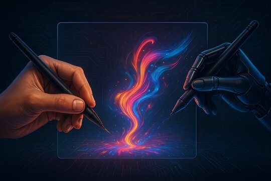 Human Hand and Robotic Arm Collaborating to Create Digital Art With Vibrant Glowing Energy Between Them - Powered by Adobe