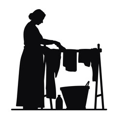 Dark silhouette illustration of woman hanging laundry to dry, classic silhouette in minimalist scene. Silhouette art conveys domesticity with clothesline, bucket and bottle for washing.