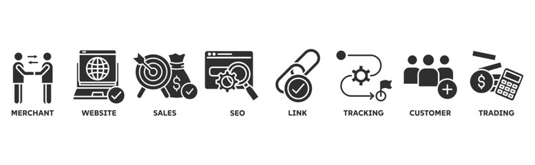 Affiliate Marketing icon set illustration concept with icon of merchant, website, sales, seo, link, tracking, customer, trading
