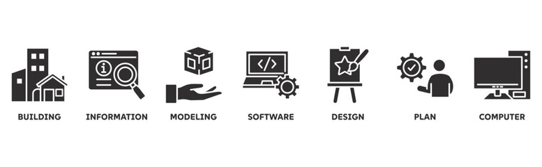 BIM icon set illustration concept with icon of building, information, modeling, software, design, plan, computer
