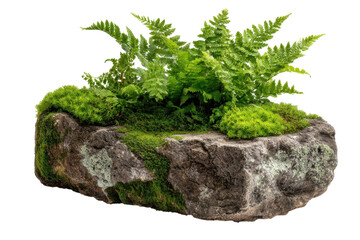 Captivating Stone Garden Ferns and Moss Oasis Miniature Ecosystem Natural Beauty Isolated on Black A