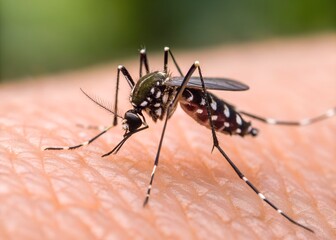 A close-up macro shot of an aedes aegypti mosquito sucking blood from human skin, potentially transmitting dangerous diseases such as dengue fever, zika virus and chikungunya