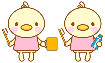 歯磨きをするひよこのイラスト、ラインアート