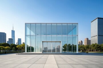 Fototapeta premium Modern glass building with city skyline and lush green trees