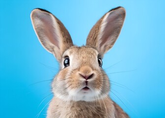 Fototapeta premium Close-up of a surprised rabbit on blue background