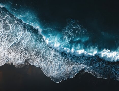 Dark sand beach meets powerful turquoise waves