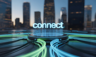 Digital Connection Hub: 'Connect' Hologram with Data Flow in Modern Cityscape