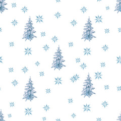 Seamless pattern with blue spruce trees and snowflakes. Illustration on a white background for the design of Christmas wrapping paper, printing on cards, fabric, invitations, creating merch.