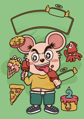 Vector Illustration of Cute Mouse Eating Snacks Like Drumsticks and Cak. Suitable for Spring Festival greeting cards, New Year goods packaging, cultural and creative gifts, festive illustrations, etc.