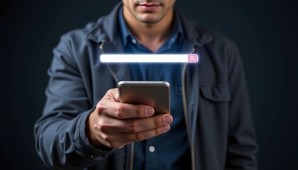 Man holding a smartphone with a visible floating search bar and microphone icon, indicating voice and text search capabilities.