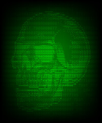Concept of cyber crime, internet piracy and hacking, shape of skull combined with binary code. 3D Illustration