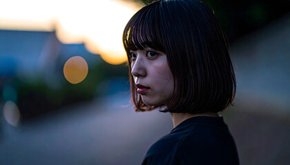 横を向いて黄昏ている日本人の若い女性