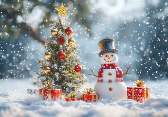 Obraz premium Photo of a snowy winter scene with two snowmen and a Christmas tree surrounded by gifts
