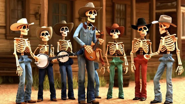 Group of skeletons are playing instruments, including banjo. scene is set in rural area, with house in background. Skeletons in country-style cowboy hats. Scene is lighthearted and fun