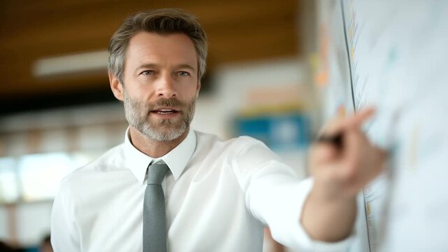Teacher Explains Grammar Rule by Pointing at Sentence on Poster