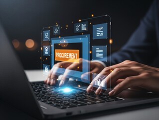 Fototapeta premium Digital procurement process technology interface with data icons and businessman typing on laptop, representing supply chain management concept. 