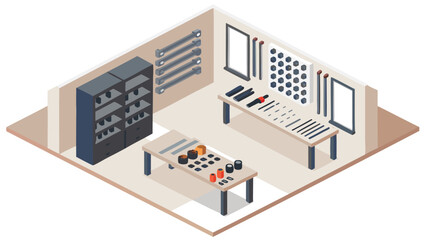 Fototapeta premium Isometric view of a workshop interior with workbenches shelves and various tools and materials displayed
