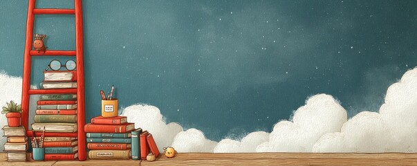 Stack of colorful books with glasses against a cloudy and textured background