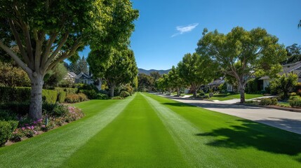 Beautiful suburban neighborhood street with lush green trees and well-maintained lawns under clear blue sky in a peaceful residential area