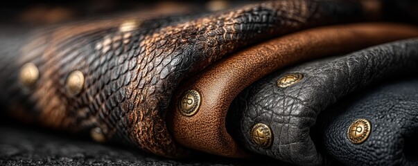 Close-up of textured leather samples with metallic rivet accents in various shades