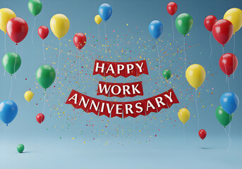 Celebrate a happy work anniversary with colorful balloons and a festive banner.