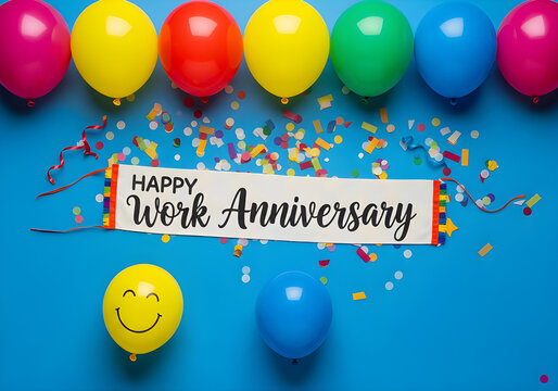 Celebrate a happy work anniversary with colorful balloons and a congratulatory message.