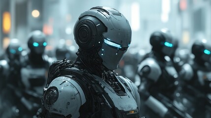 Fototapeta premium Futuristic Detailed Robot Army Sci-Fi Illustration Standing in Formation